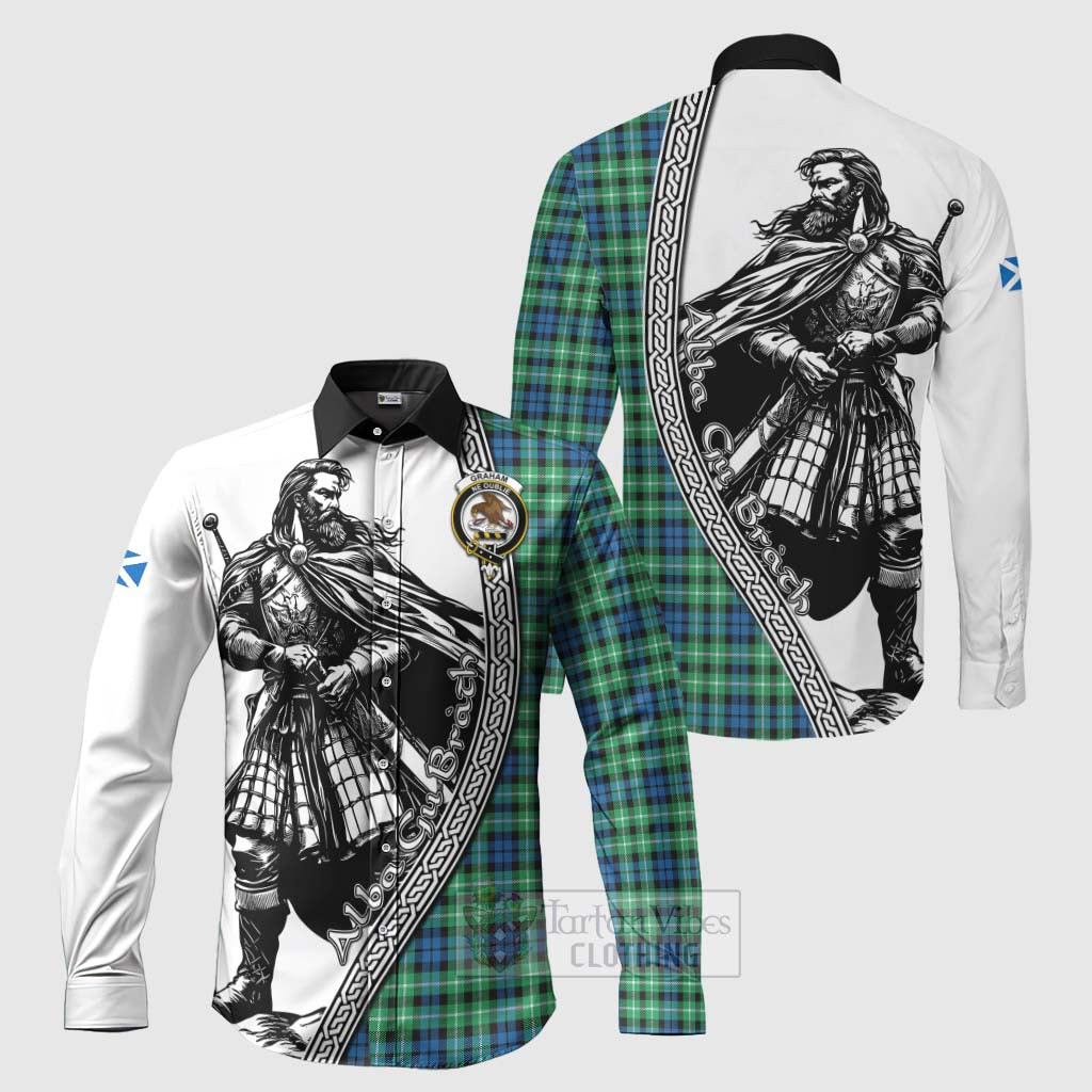 Tartan Vibes Clothing Graham Tartan Clan Crest Long Sleeve Button Shirt with Highlander Warrior Celtic Style