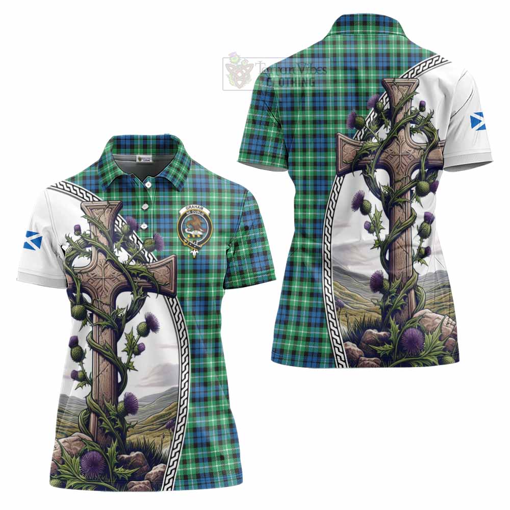 Tartan Vibes Clothing Graham Tartan Women's Polo Shirt with Family Crest and St. Andrew's Cross Accented by Thistle Vines