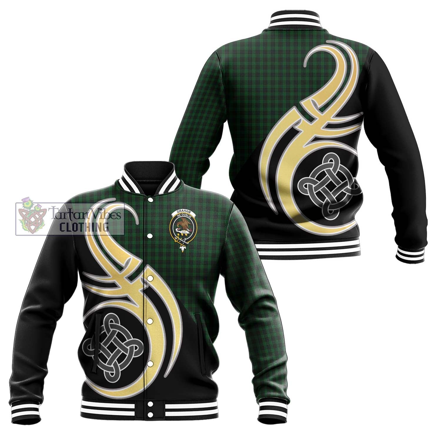 Graham Tartan Baseball Jacket with Family Crest and Celtic Symbol Style Unisex - Tartan Vibes Clothing