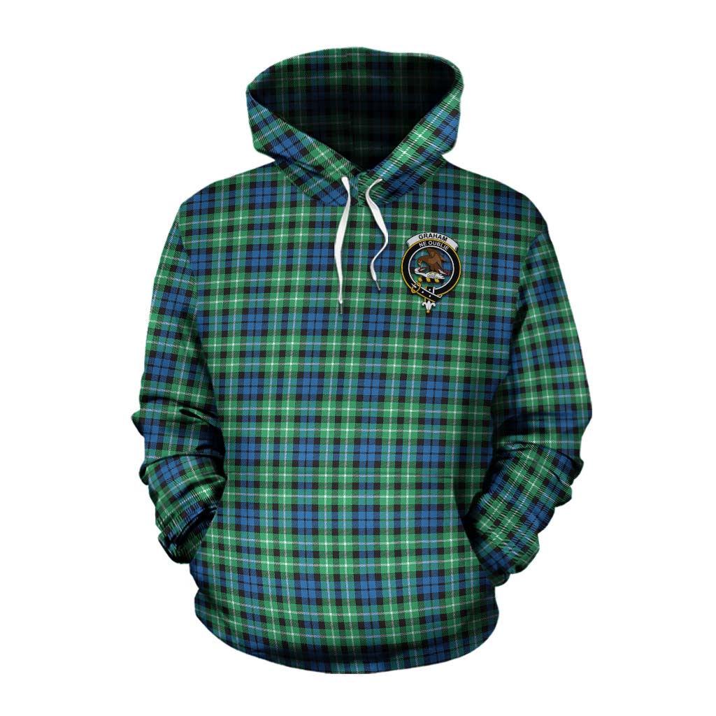 Tartan Vibes Clothing Graham Tartan Cotton Hoodie with Family Crest and Bearded Skull Holding Bottles of Whiskey