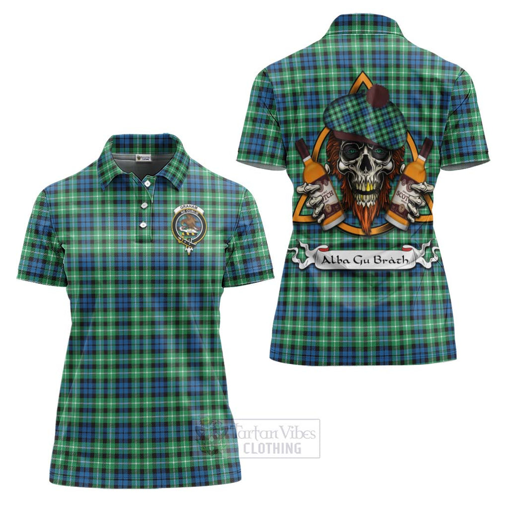 Tartan Vibes Clothing Graham Tartan Women's Polo Shirt with Family Crest and Bearded Skull Holding Bottles of Whiskey