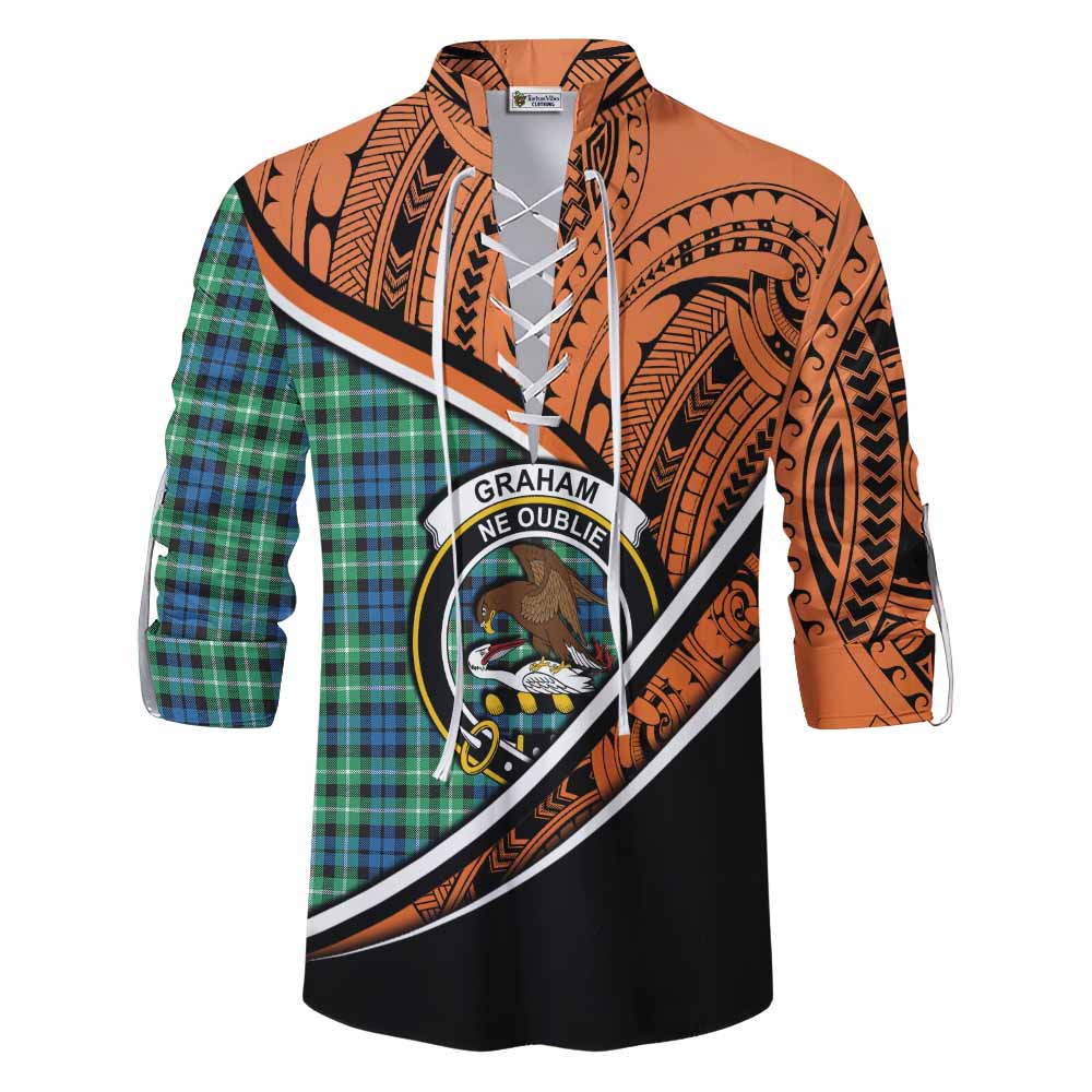 Tartan Vibes Clothing Graham Crest Tartan Ghillie Kilt Shirt with Maori Tattoo Style - Orange Version