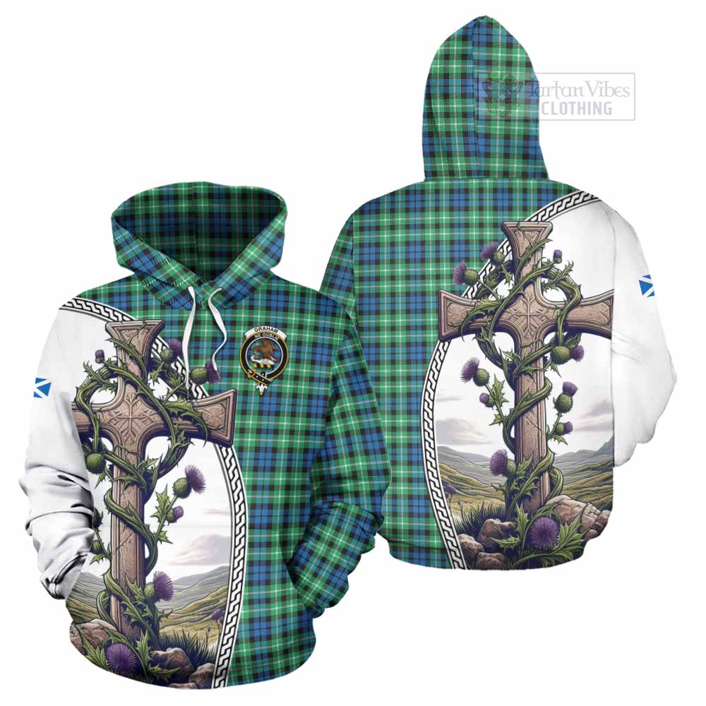 Tartan Vibes Clothing Graham Tartan Hoodie with Family Crest and St. Andrew's Cross Accented by Thistle Vines