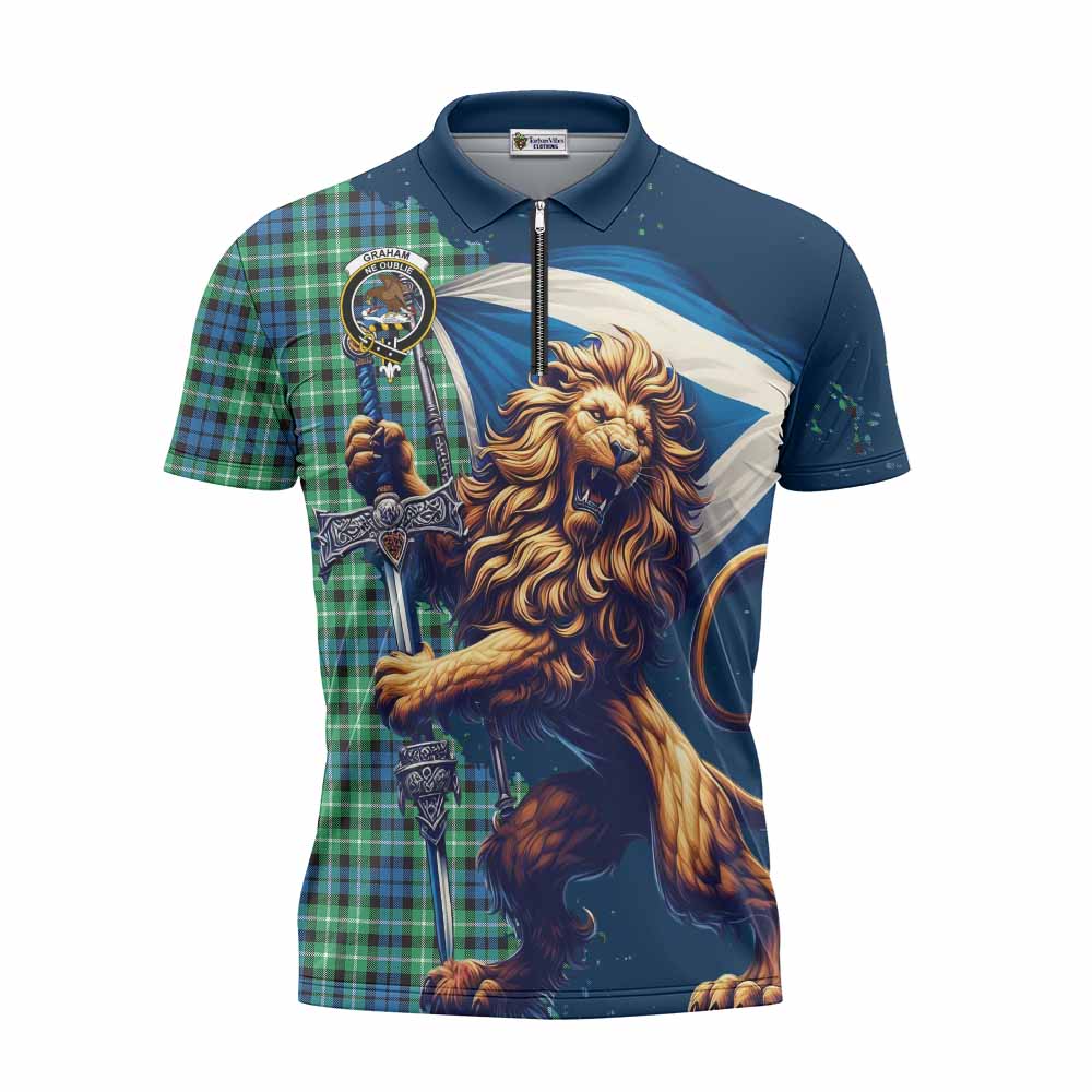 Tartan Vibes Clothing Graham Tartan Family Crest Zipper Polo Shirt with Scottish Majestic Lion