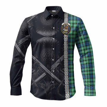 Graham Tartan Long Sleeve Button Shirt with Family Crest Cross Sword Thistle Celtic Vibes