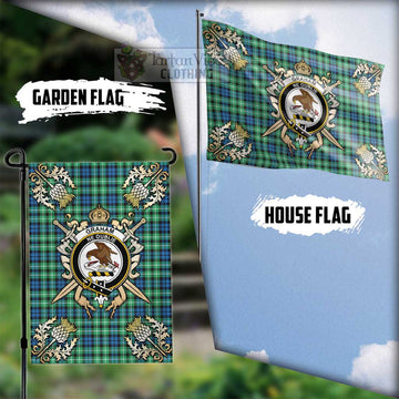 Graham Tartan Flag with Family Crest and Golden Thistle Crossed Sword Design