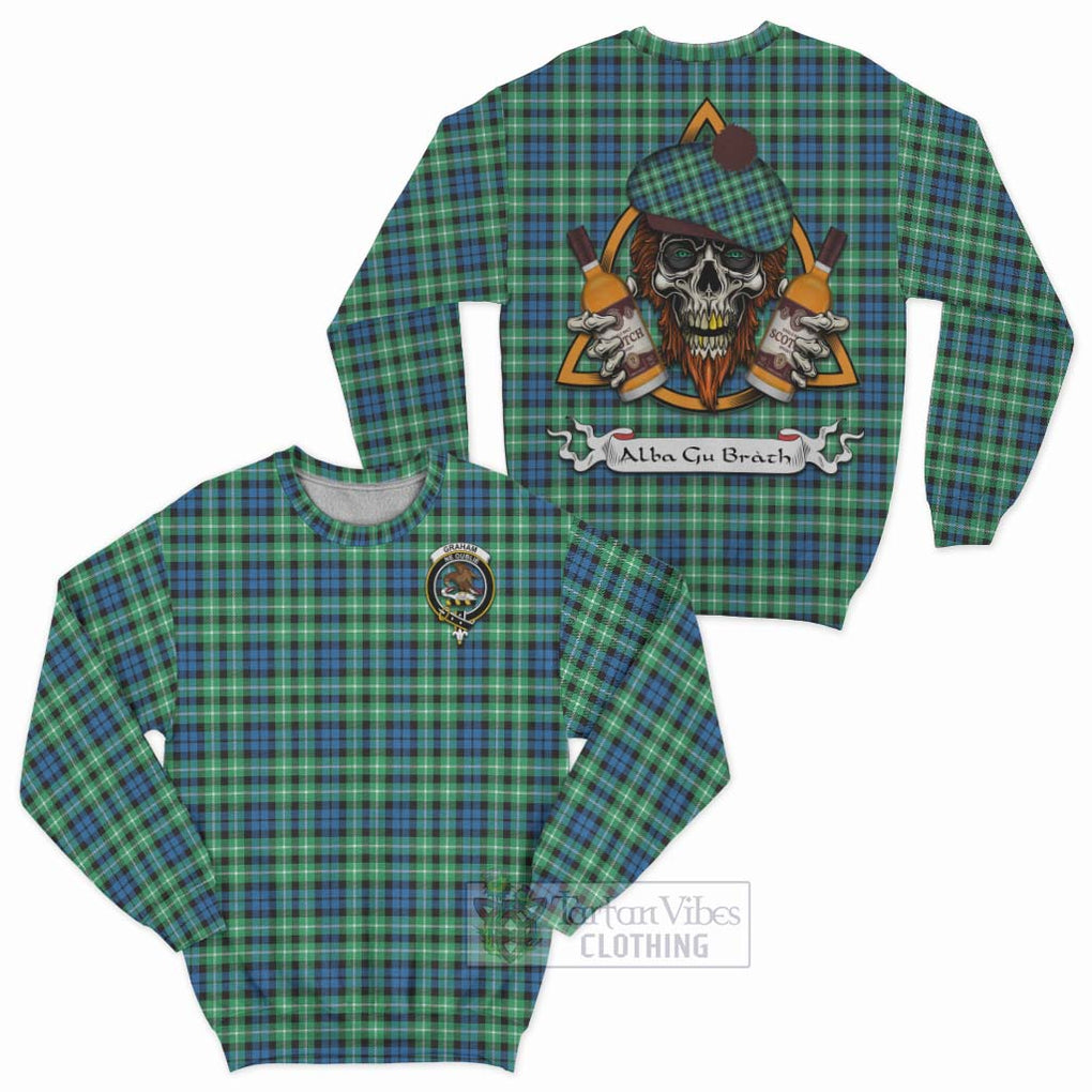 Tartan Vibes Clothing Graham Tartan Sweatshirt with Family Crest and Bearded Skull Holding Bottles of Whiskey