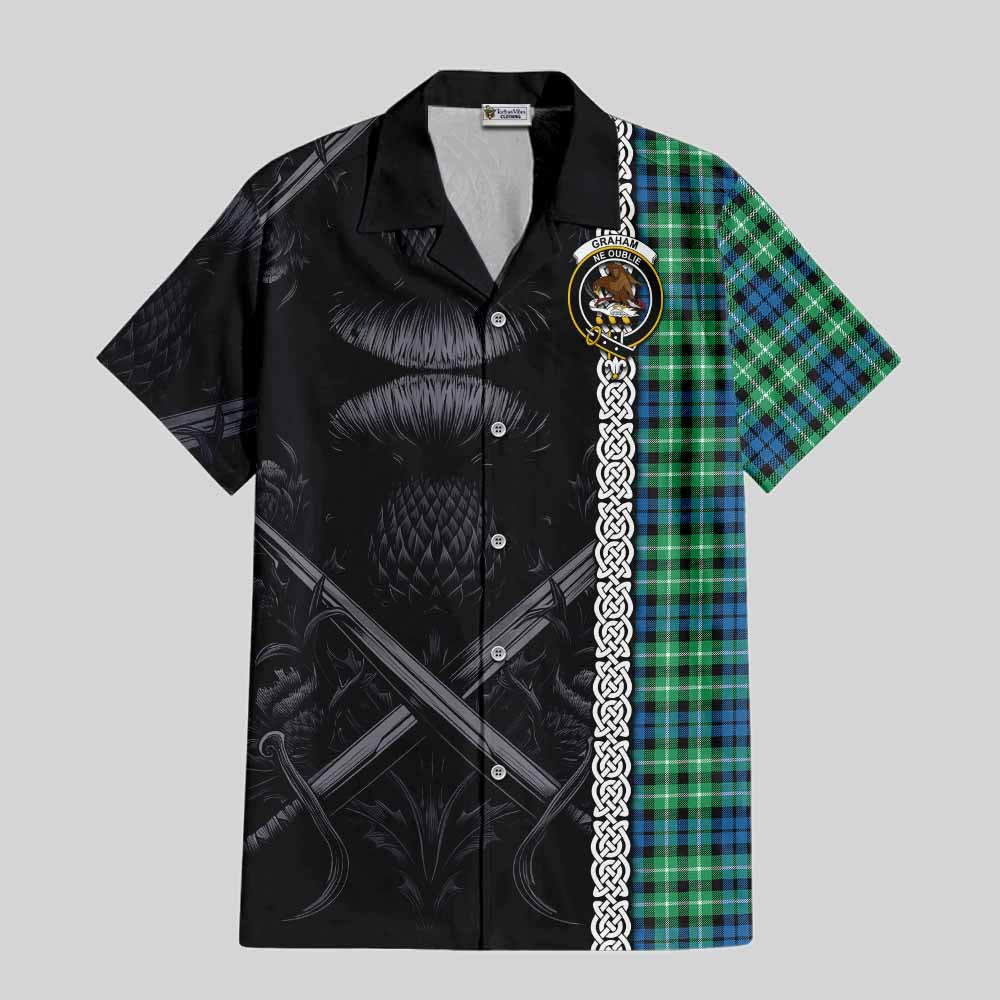 Tartan Vibes Clothing Graham Tartan Short Sleeve Button Shirt with Family Crest Cross Sword Thistle Celtic Vibes