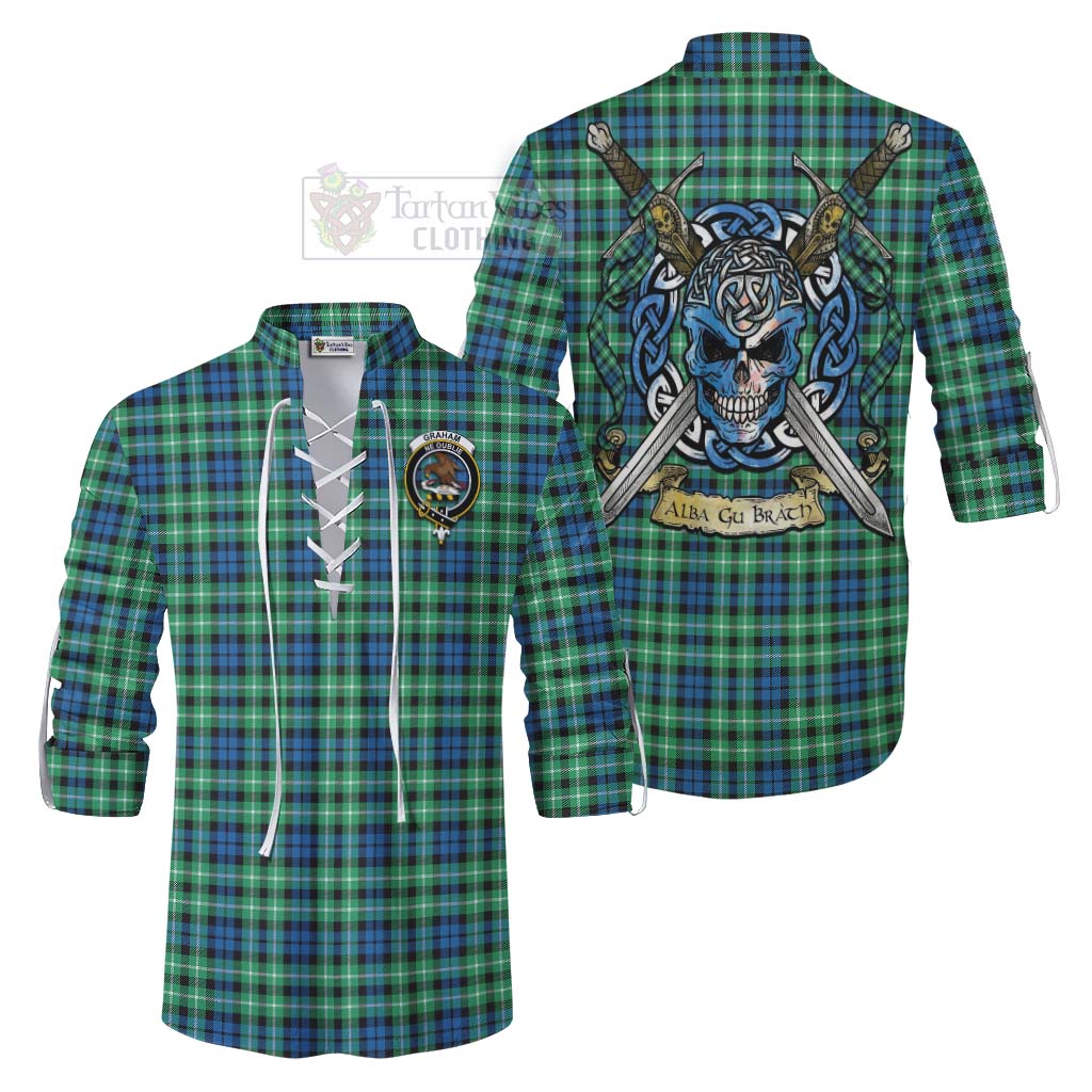 Tartan Vibes Clothing Graham Tartan Ghillie Kilt Shirt with Family Crest Celtic Skull Style