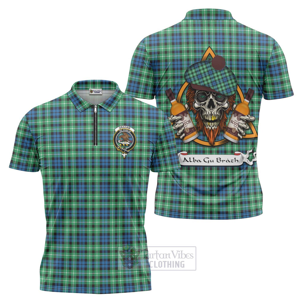 Tartan Vibes Clothing Graham Tartan Zipper Polo Shirt with Family Crest and Bearded Skull Holding Bottles of Whiskey