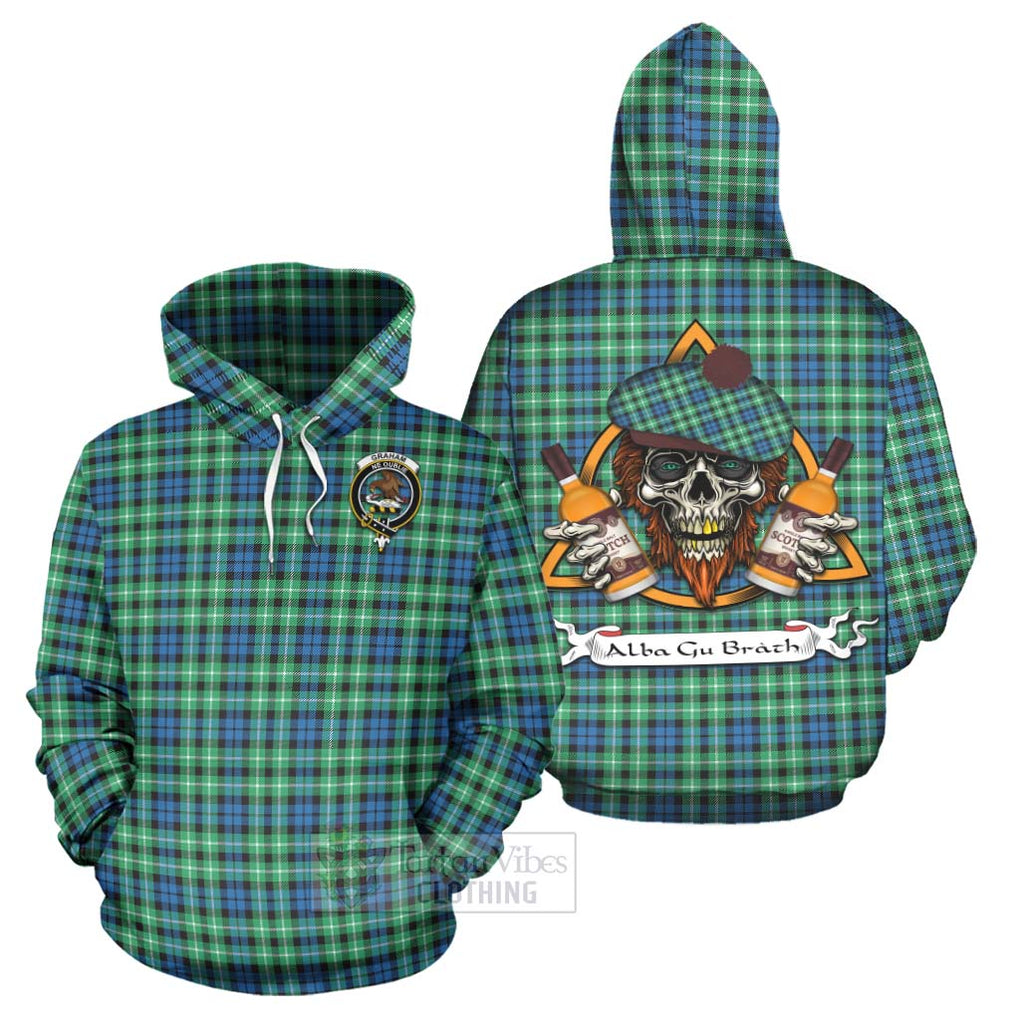 Tartan Vibes Clothing Graham Tartan Hoodie with Family Crest and Bearded Skull Holding Bottles of Whiskey