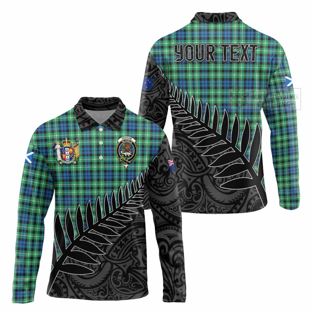 Tartan Vibes Clothing Graham Crest Tartan Long Sleeve Polo Shirt with New Zealand Silver Fern Half Style