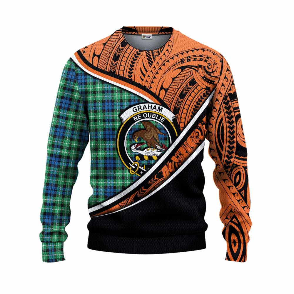 Tartan Vibes Clothing Graham Crest Tartan Knitted Sweater with Maori Tattoo Style - Orange Version