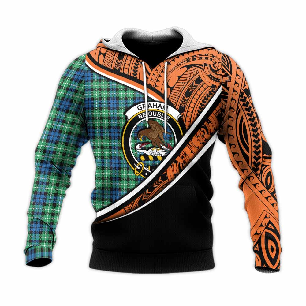 Tartan Vibes Clothing Graham Crest Tartan Knitted Hoodie with Maori Tattoo Style - Orange Version