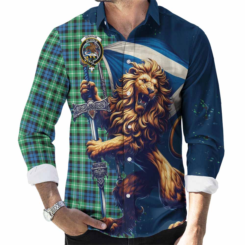 Tartan Vibes Clothing Graham Tartan Family Crest Long Sleeve Button Shirt with Scottish Majestic Lion