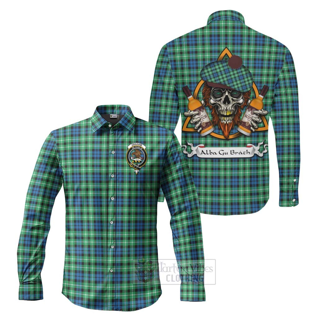 Tartan Vibes Clothing Graham Tartan Long Sleeve Button Shirt with Family Crest and Bearded Skull Holding Bottles of Whiskey