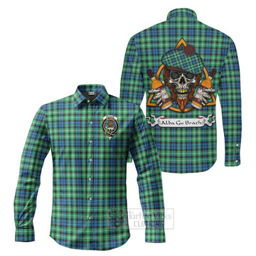 Graham Tartan Long Sleeve Button Shirt with Family Crest and Bearded Skull Holding Bottles of Whiskey