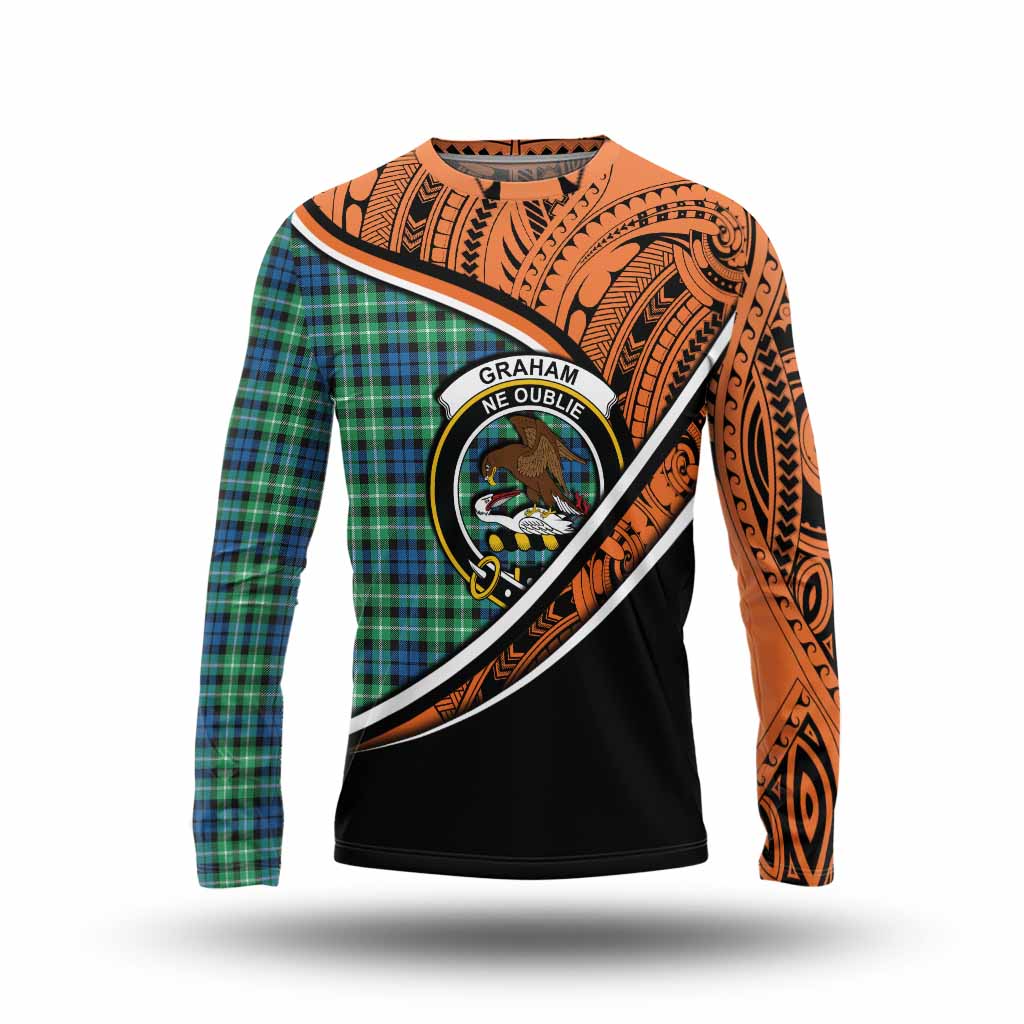 Tartan Vibes Clothing Graham Crest Tartan Long Sleeve T-Shirt with Maori Tattoo Style - Orange Version