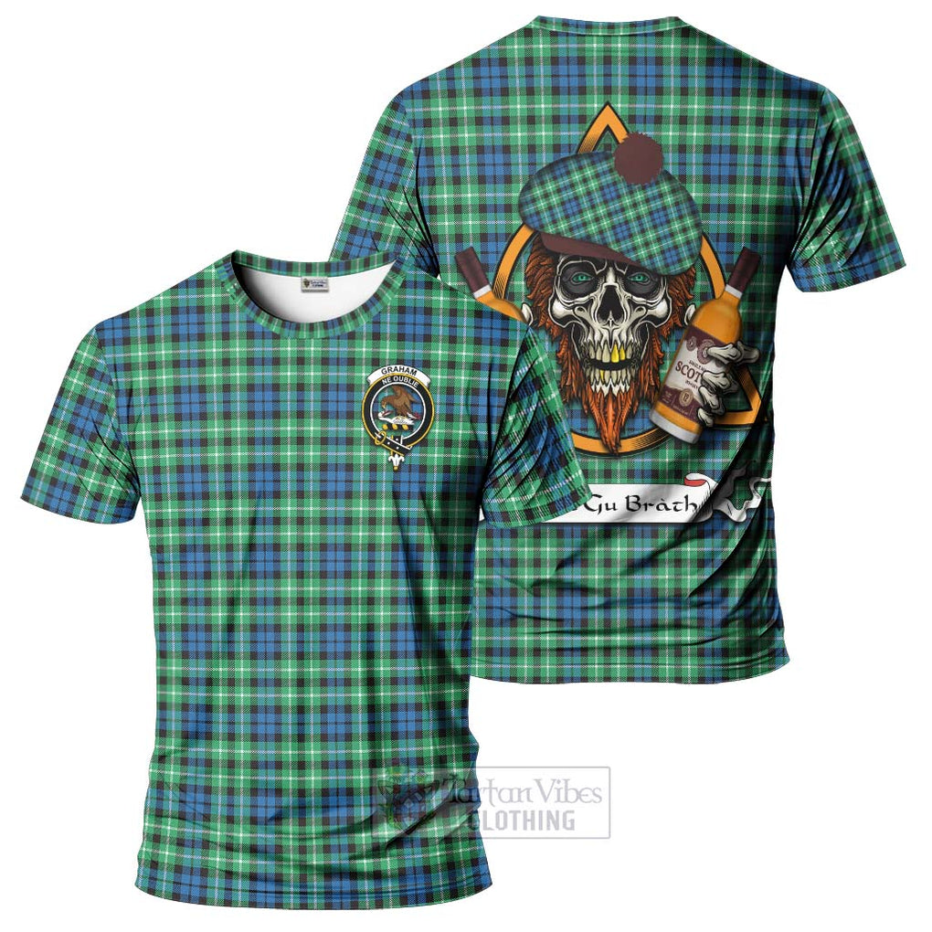 Tartan Vibes Clothing Graham Tartan T-Shirt with Family Crest and Bearded Skull Holding Bottles of Whiskey