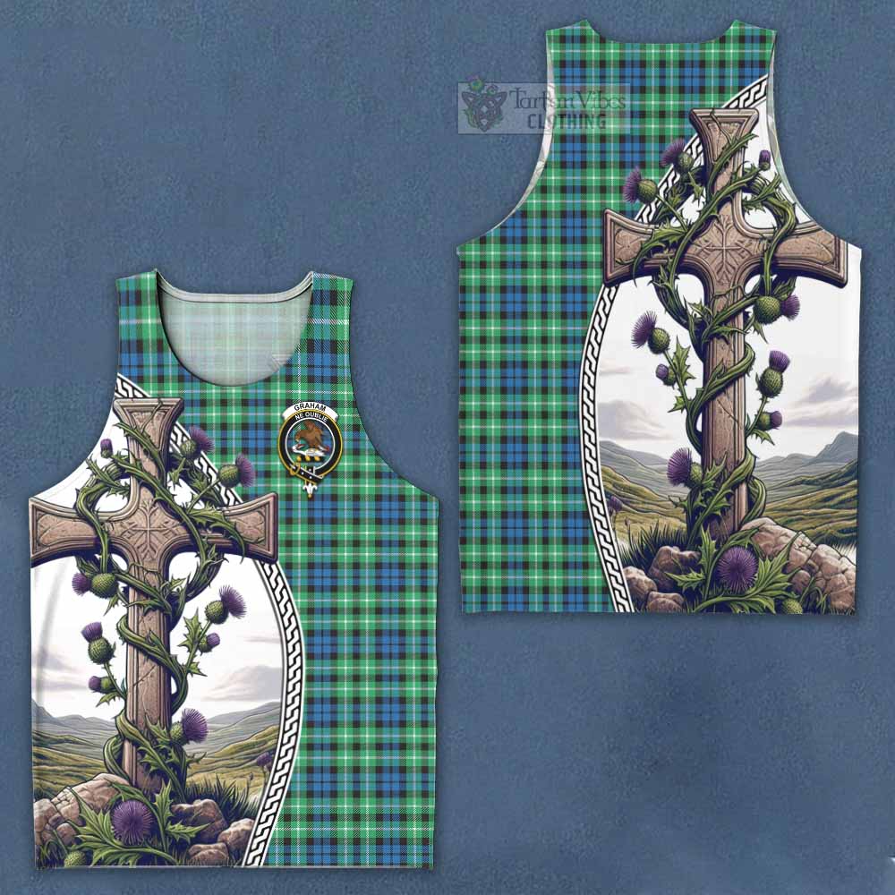 Tartan Vibes Clothing Graham Tartan Men's Tank Top with Family Crest and St. Andrew's Cross Accented by Thistle Vines