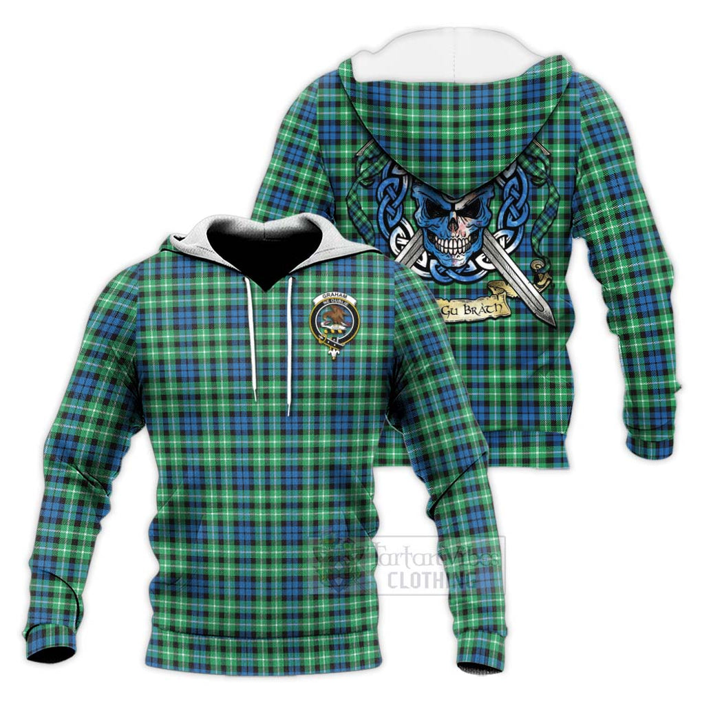 Tartan Vibes Clothing Graham Tartan Knitted Hoodie with Family Crest Celtic Skull Style