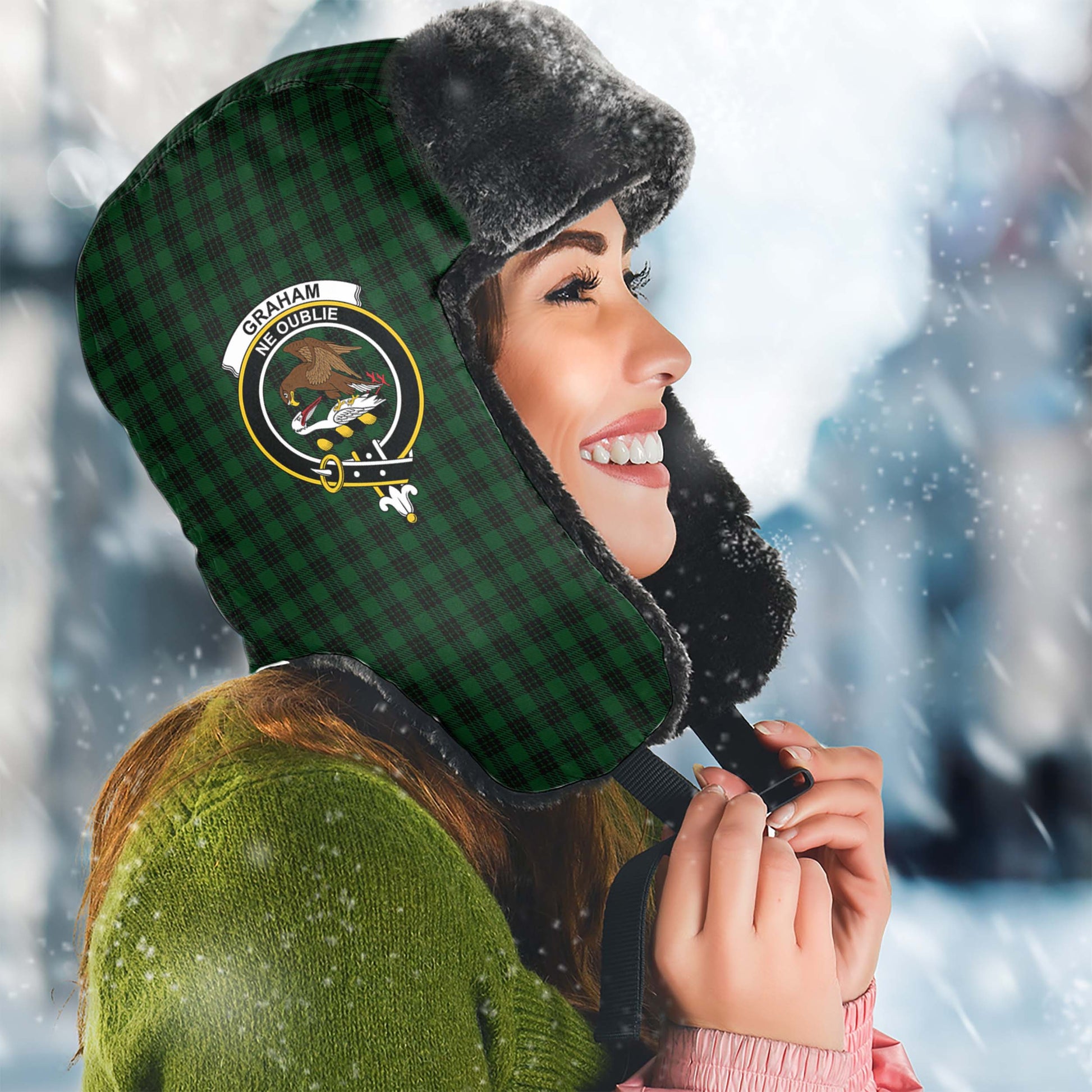 Graham Tartan Winter Trapper Hat with Family Crest Winter Trapper Hat Universal Fit Circumference 22.8in (58cm) - Tartanvibesclothing