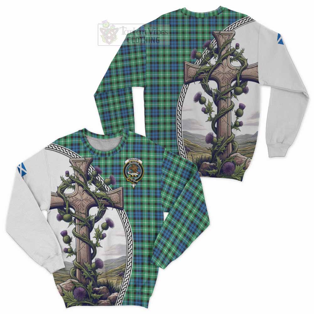 Tartan Vibes Clothing Graham Tartan Sweatshirt with Family Crest and St. Andrew's Cross Accented by Thistle Vines