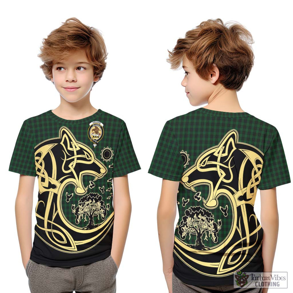 Graham Tartan Kid T-Shirt with Family Crest Celtic Wolf Style Youth XL Size14 - Tartan Vibes Clothing