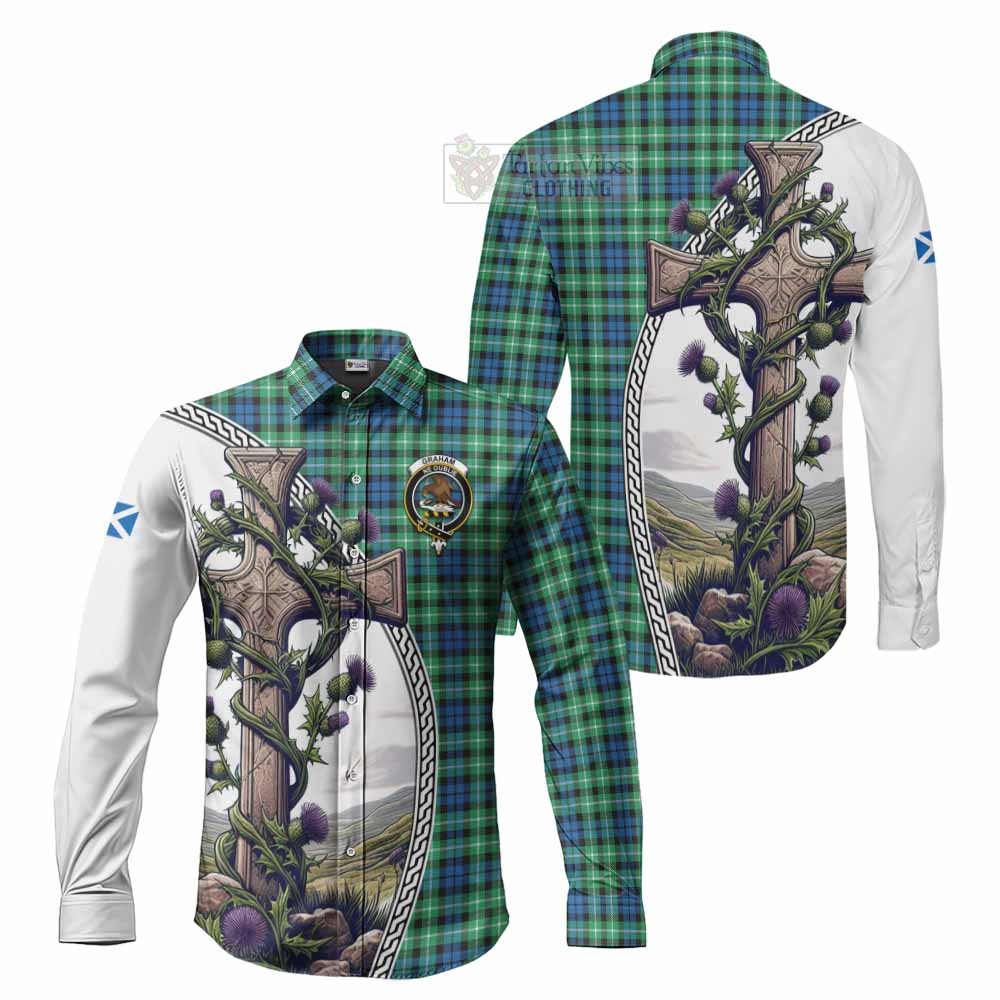 Tartan Vibes Clothing Graham Tartan Long Sleeve Button Shirt with Family Crest and St. Andrew's Cross Accented by Thistle Vines