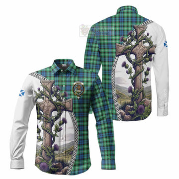 Graham Tartan Long Sleeve Button Shirt with Family Crest and St. Andrew's Cross Accented by Thistle Vines