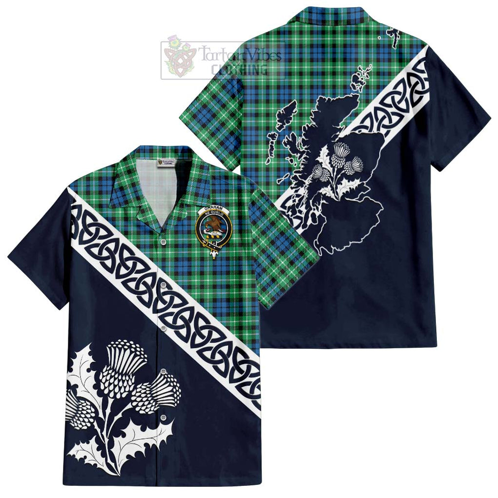 Tartan Vibes Clothing Graham Tartan Short Sleeve Button Shirt Featuring Thistle and Scotland Map