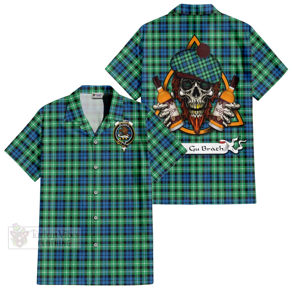 Tartan Vibes Clothing Graham Tartan Short Sleeve Button Shirt with Family Crest and Bearded Skull Holding Bottles of Whiskey