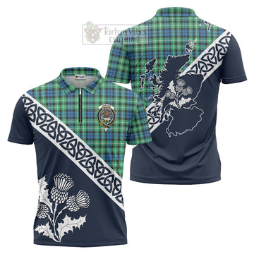 Graham Tartan Zipper Polo Shirt Featuring Thistle and Scotland Map