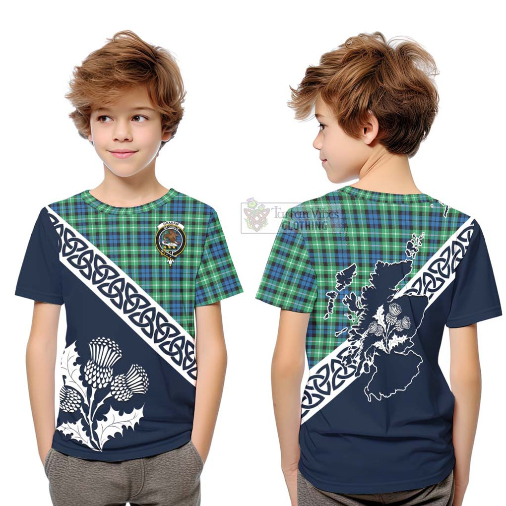 Tartan Vibes Clothing Graham Tartan Kid T-Shirt Featuring Thistle and Scotland Map