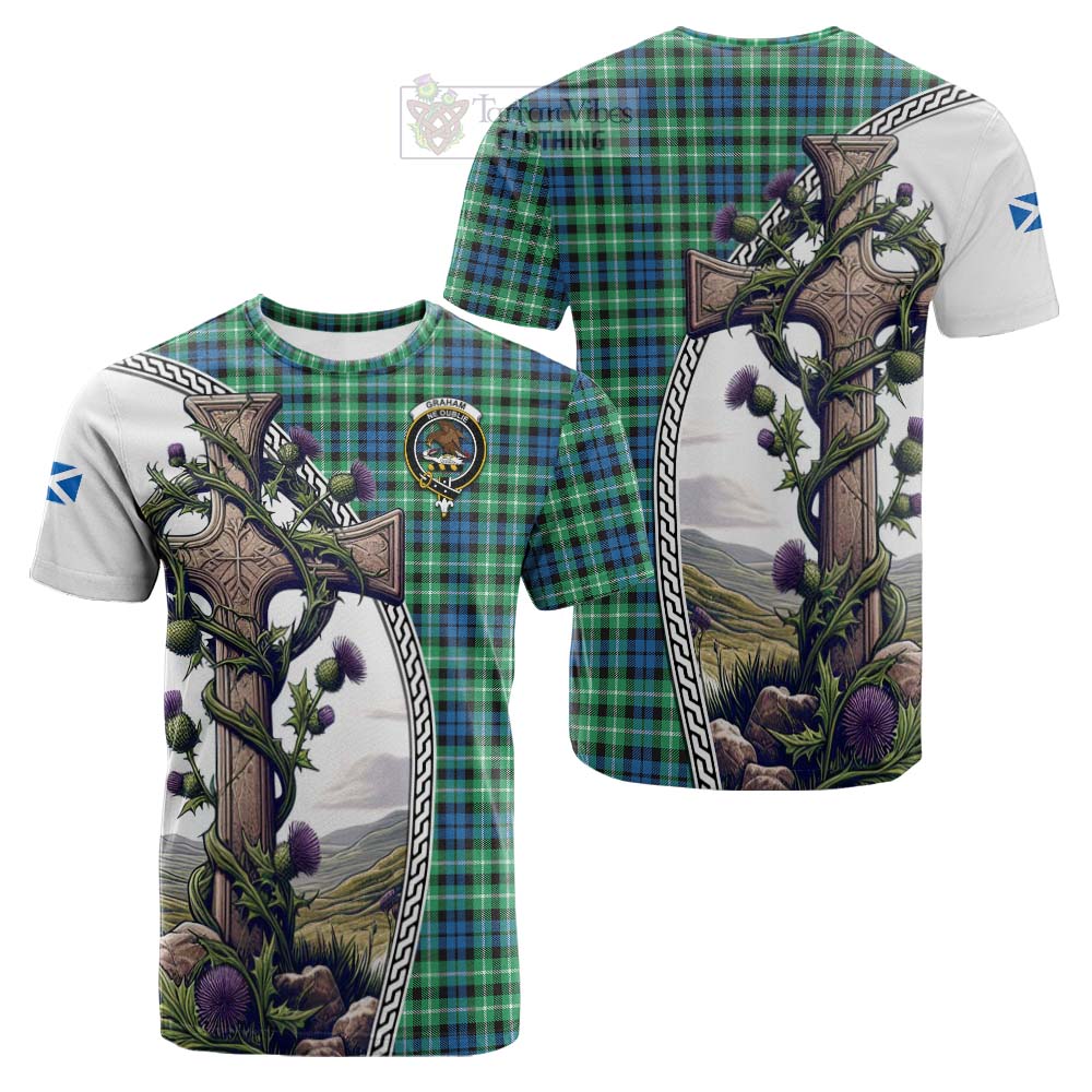 Tartan Vibes Clothing Graham Tartan Cotton T-shirt with Family Crest and St. Andrew's Cross Accented by Thistle Vines