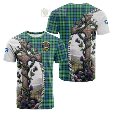 Graham Tartan Cotton T-shirt with Family Crest and St. Andrew's Cross Accented by Thistle Vines