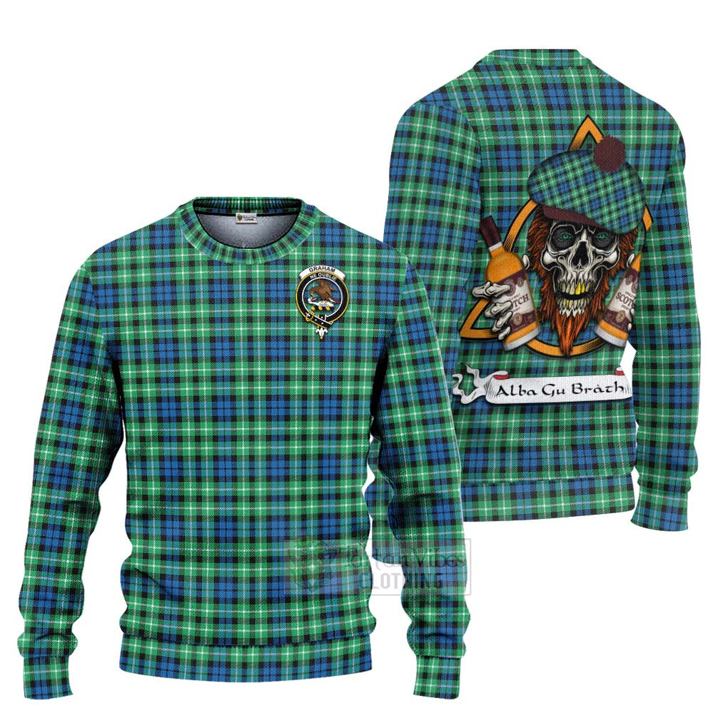 Tartan Vibes Clothing Graham Tartan Knitted Sweater with Family Crest and Bearded Skull Holding Bottles of Whiskey