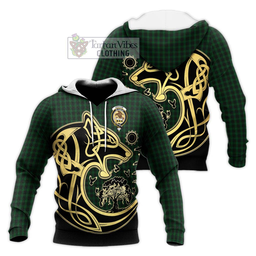 Graham Tartan Knitted Hoodie with Family Crest Celtic Wolf Style Unisex Knitted Pullover Hoodie - Tartan Vibes Clothing