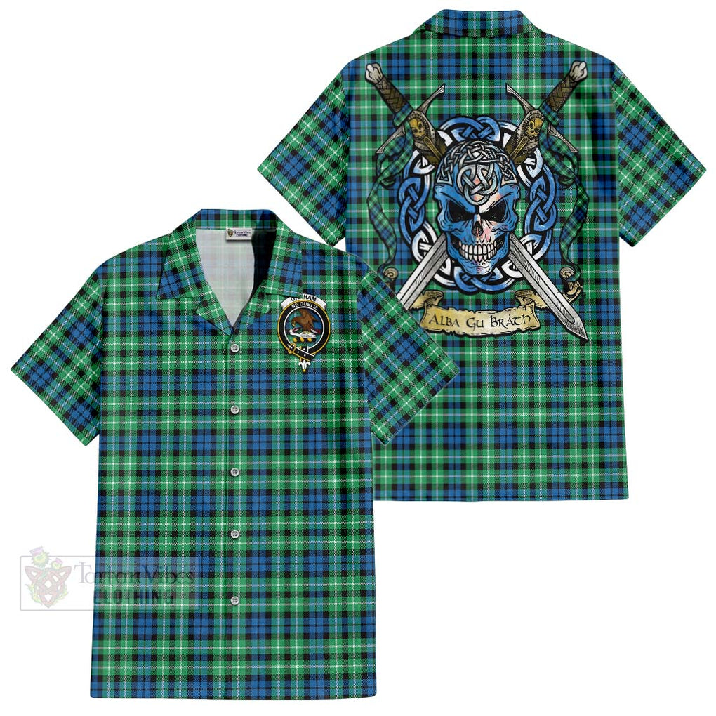 Tartan Vibes Clothing Graham Tartan Short Sleeve Button Shirt with Family Crest Celtic Skull Style