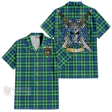 Graham Tartan Short Sleeve Button Shirt with Family Crest Celtic Skull Style