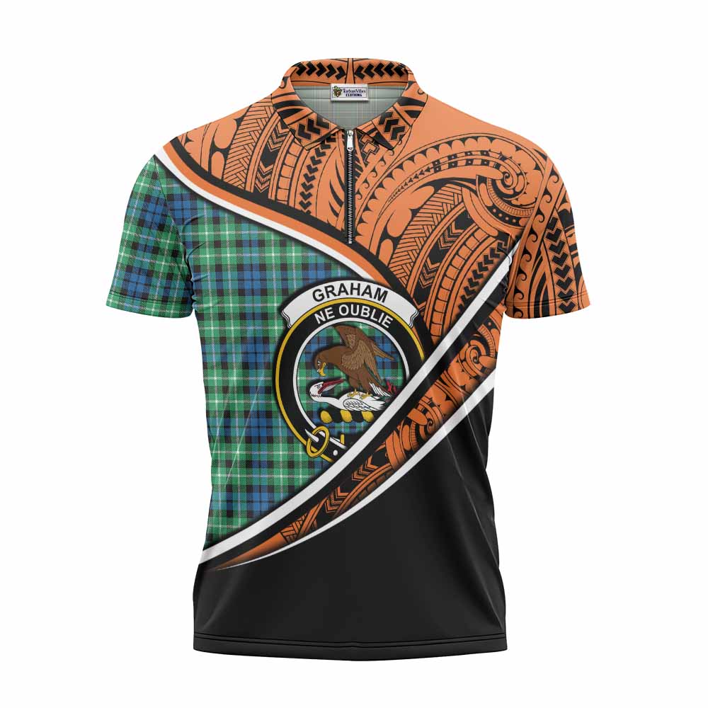 Tartan Vibes Clothing Graham Crest Tartan Zipper Polo Shirt with Maori Tattoo Style - Orange Version