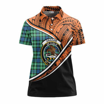 Graham Crest Tartan Women's Polo Shirt with Polynesian Vibes Style - Orange Version