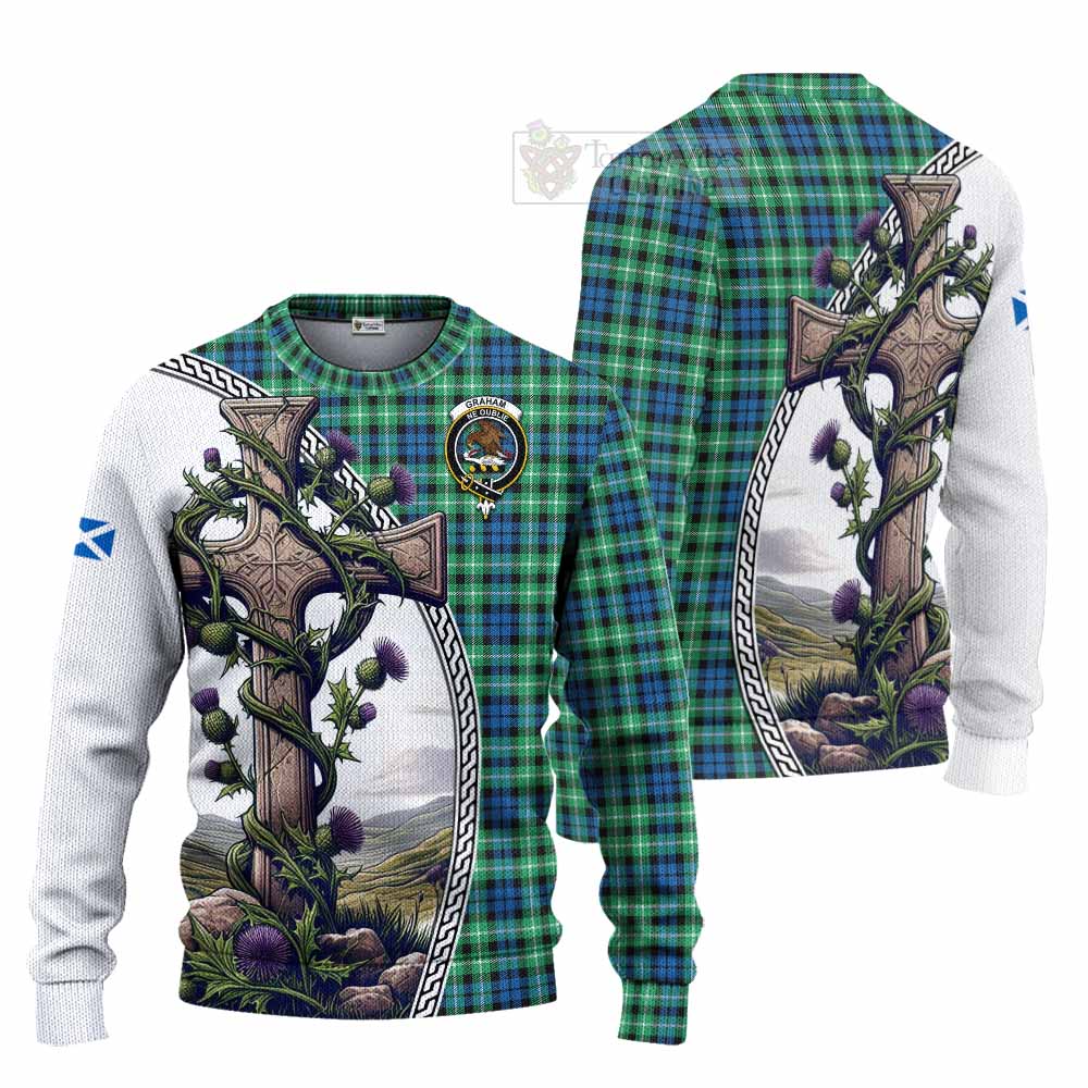 Tartan Vibes Clothing Graham Tartan Knitted Sweater with Family Crest and St. Andrew's Cross Accented by Thistle Vines