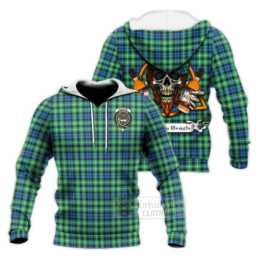 Tartan Vibes Clothing Graham Tartan Knitted Hoodie with Family Crest and Bearded Skull Holding Bottles of Whiskey