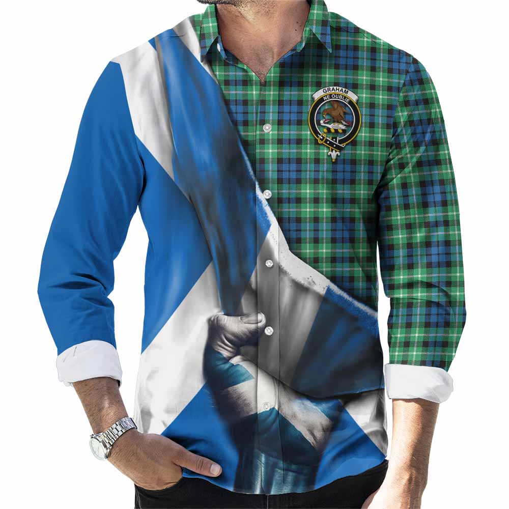 Tartan Vibes Clothing Graham Tartan Long Sleeve Button Shirt with Family Crest Scotland Patriotic Style