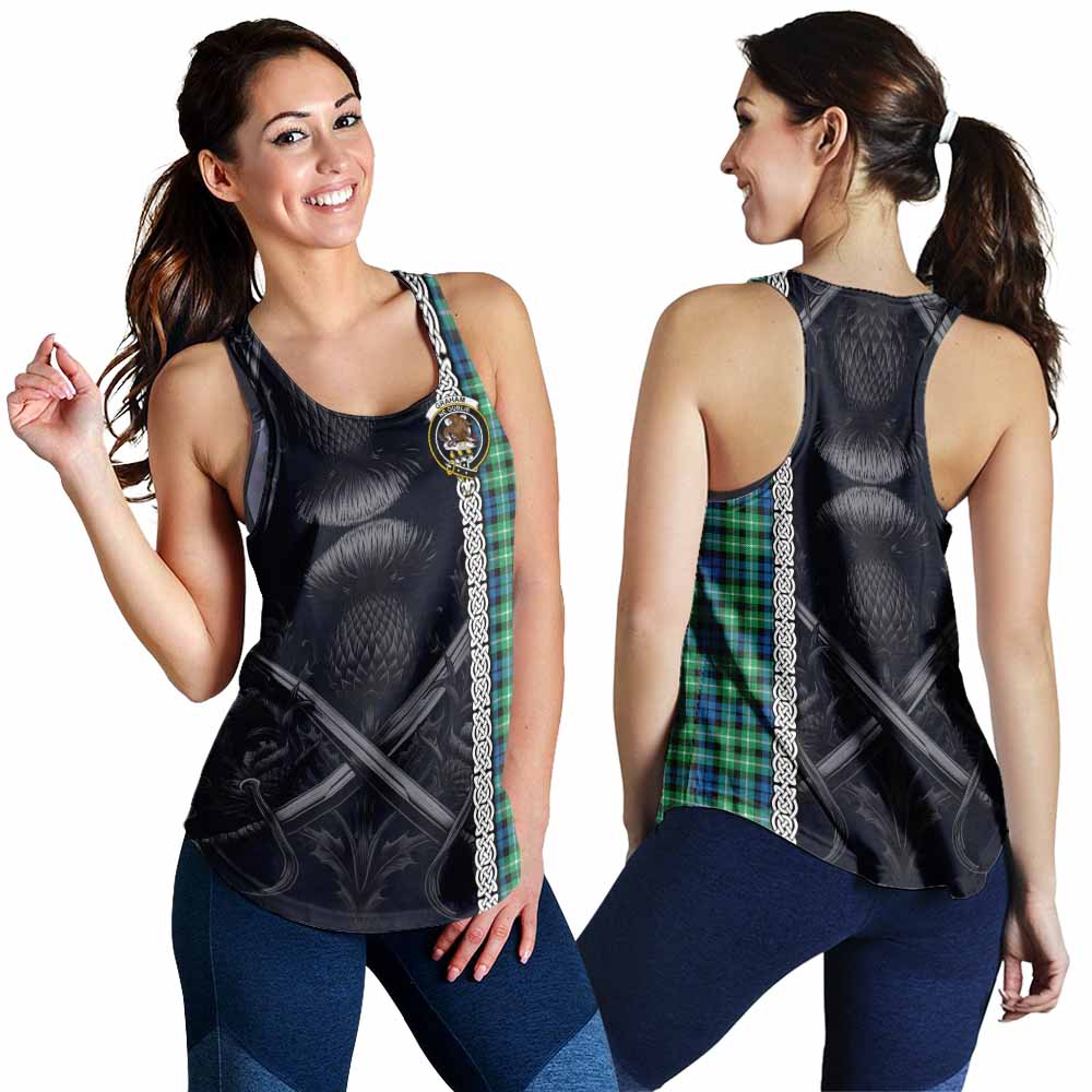 Tartan Vibes Clothing Graham Tartan Women's Racerback Tanks with Family Crest Cross Sword Thistle Celtic Vibes