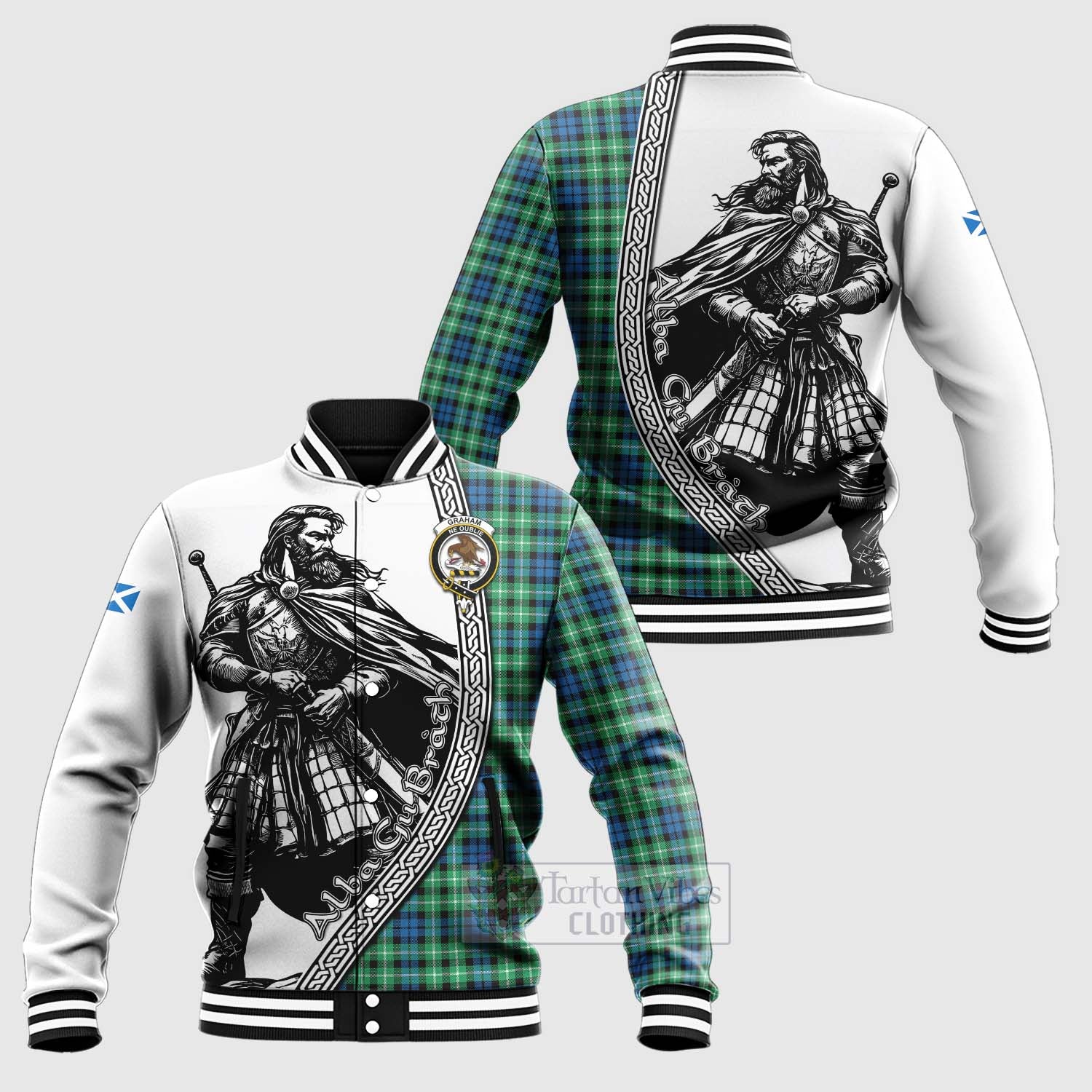 Tartan Vibes Clothing Graham Tartan Clan Crest Baseball Jacket with Highlander Warrior Celtic Style