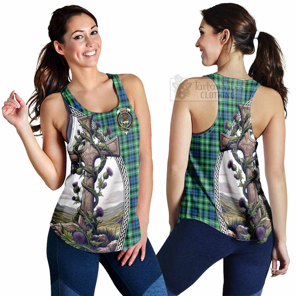 Tartan Vibes Clothing Graham Tartan Women's Racerback Tanks with Family Crest and St. Andrew's Cross Accented by Thistle Vines