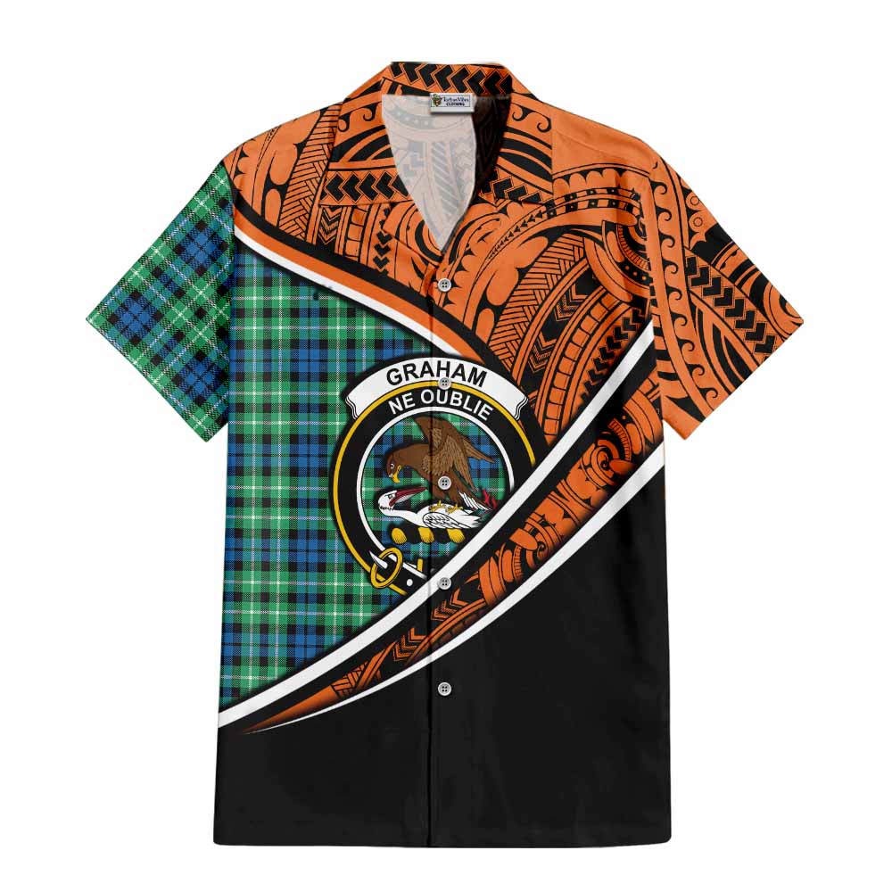 Tartan Vibes Clothing Graham Crest Tartan Short Sleeve Button Shirt with Maori Tattoo Style - Orange Version