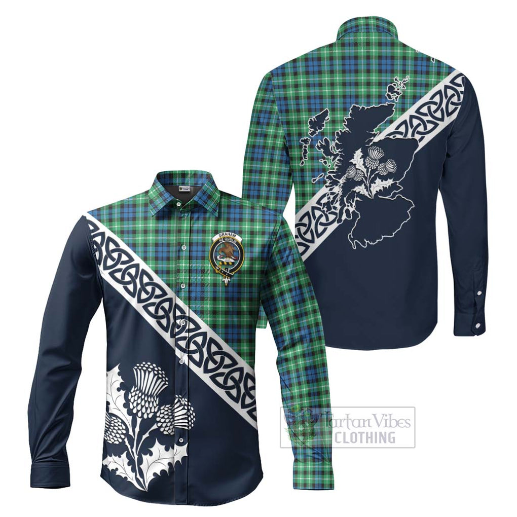 Tartan Vibes Clothing Graham Tartan Long Sleeve Button Shirt Featuring Thistle and Scotland Map